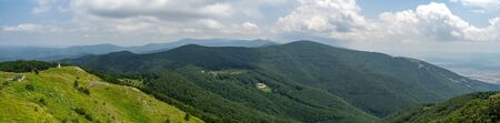 Shipka Pass - a scenic mountain pass through the Balkan Mountains in Bulgaria. Panoramic view.