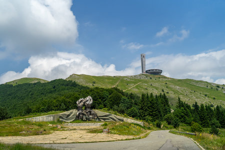 BUZLUDZHA, BULGARIA - JULY 07, 2019: The Monument House of the Bulgarian Communist Party on the Buzludzha Peak of the Balkan mountain range. At the moment, the monument is looted and abandoned.のeditorial素材