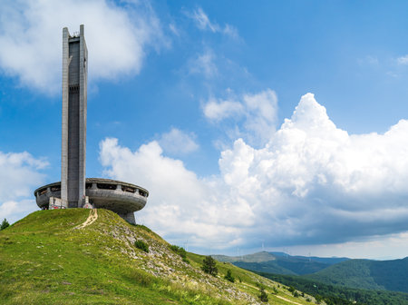 BUZLUDZHA, BULGARIA - JULY 07, 2019: The Monument House of the Bulgarian Communist Party on the Buzludzha Peak of the Balkan mountain range. At the moment, the monument is looted and abandoned.のeditorial素材