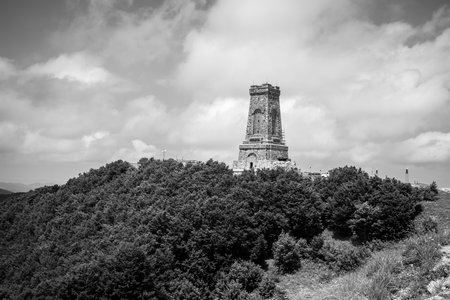 Shipka Monument - Liberation of Bulgaria during the Battles of Shipka Pass in the Russo-Turkish War of 1877-78. The text in Cyrillic is the name of the cities Shipka and Stara-Zagora. Black and white.のeditorial素材