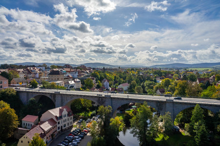 BAUTZEN, GERMANY - OCTOBER 10, 2019: View of the town (apartment building, bridge and Spree river) from the height of the old Waterworks tower.のeditorial素材