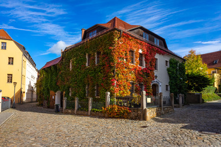 BAUTZEN, GERMANY - OCTOBER 10, 2019: Beautiful streets of the historical part of the old town in a fall day. A house twined with ivy.のeditorial素材
