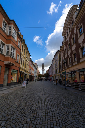 BAUTZEN, GERMANY - OCTOBER 10, 2019: The streets of the old town and Reichenturm (Leaning Tower) in the background.のeditorial素材
