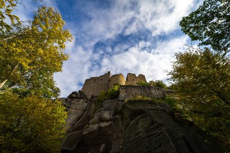 The ruins of Burg Oybin, founded as Celestines monastery in 1369 in the Zittau Mountains on the border of Germany (Saxony) with the Czech Republic.の写真素材