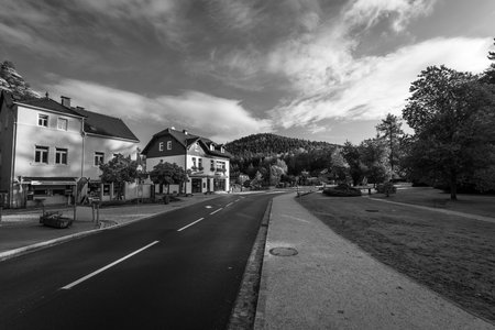 OYBIN, GERMANY - OCTOBER 10, 2019: Streets of a small old town on the border of Germany (Saxony) with the Czech Republic. Black and white.のeditorial素材