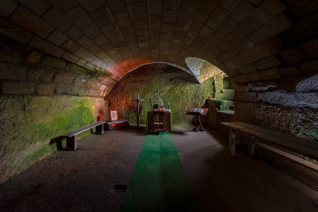 OYBIN, GERMANY - OCTOBER 10, 2019: The monastery cell in the ruins of Burg Oybin, founded as Celestines monastery (1369) in the Zittau Mountains on the border of Germany  with the Czech Republic.のeditorial素材