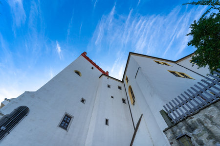 Fragment of Matthiasturm (Tower of Matthias Corvinus) against the blue sky. Bautzen, Saxony. Germany.のeditorial素材
