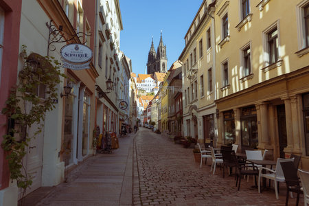 MEISSEN, GERMANY - OCTOBER 12, 2019: Beautiful streets of the old town. Stylization. Vintage toning.のeditorial素材