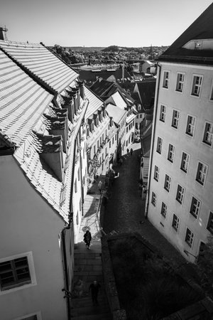 MEISSEN, GERMANY - OCTOBER 12, 2019: Beautiful streets of the old town. Black and white.のeditorial素材