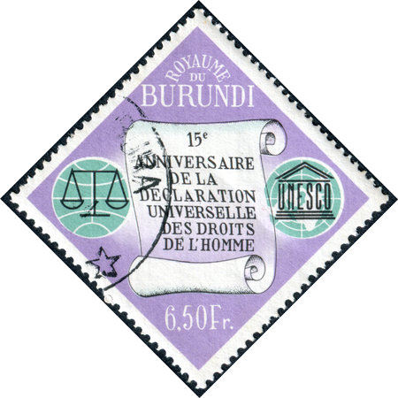 BURUNDI - CIRCA 1963: A stamp printed in Burundi, dedicated
Universal Declaration of Human Rights, depicted Scroll, scales and UNESCO, circa 1963のeditorial素材