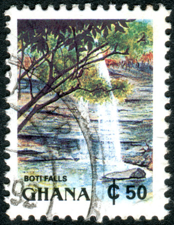 GHANA - CIRCA 1991: A stamp printed in Ghana, depicted the Boti falls, circa 1991のeditorial素材