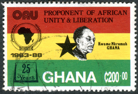 GHANA - CIRCA 1989: A stamp printed in Ghana, dedicated to the 25th Anniversary Organization of African Unity, depicted the first president of Ghana - Kwame Nkrumah, circa 1989のeditorial素材