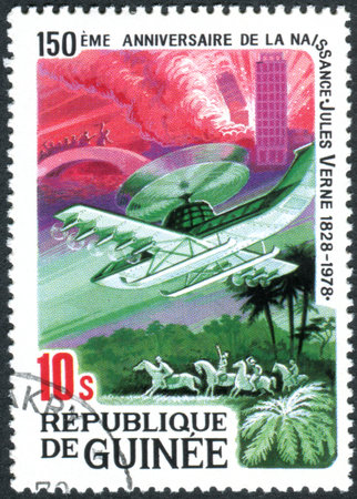 GUINEA - CIRCA 1979: A stamp printed in Guinea, dedicated
150th Anniversary of the birth of Jules Verne, depicted the Barsac Mission, circa 1979のeditorial素材