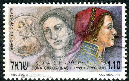 ISRAEL - CIRCA 1992: A stamp printed in Israel, depicted the philanthropist Dona Gracia Nasi (1510-1569), circa 1992のeditorial素材