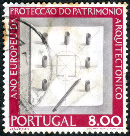 PORTUGAL - CIRCA 1975: A stamp printed in Portugal, dedicated to the European Year of Architectural Heritage Protection, depicts the Plan, pencil and ruler, circa 1975のeditorial素材