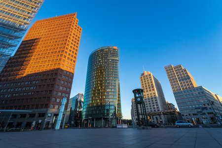 BERLIN - MARCH 22, 2020: Modern skyscraper at Potsdamer Platz. Early morning. Desert area caused by quarantine as a result of coronavirus infection.のeditorial素材