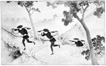 Japanese Post runners. Japanese silk painting. Illustration of the 19th century. White background.の写真素材