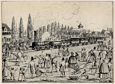 First railway train between Nuernberg and Fuerth, December 7, 1835. Publication of the book "A Century in the text and pictures", Berlin, Germany, 1899のeditorial素材