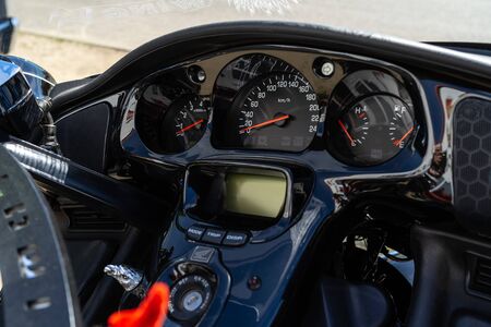 BERLIN - MAY 05, 2018: Dashboard of touring motorcycle Honda Gold Wing GL1800.の写真素材