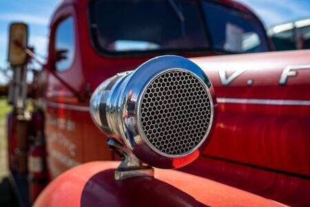 BERLIN - MAY 05, 2018: Detail of the International Firetruck R6 233 Flathead, 1949.の写真素材