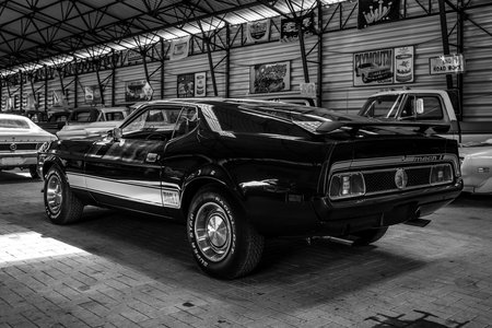 BERLIN - MAY 05, 2018: Pony car Ford Mustang Fastback Mach I, 1971. Black and white.のeditorial素材