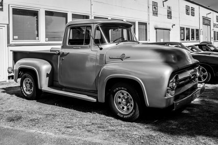 BERLIN - MAY 05, 2018: The full-size pickup truck Ford F-100, 1953. Black and white.のeditorial素材