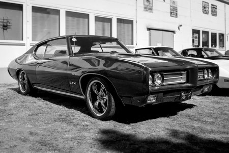 BERLIN - MAY 05, 2018: Muscle car Pontiac GTO, 1968. Black and white.のeditorial素材