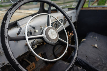 BERLIN - APRIL 27, 2019: Shabby interior of the Maxim Fire Truck.のeditorial素材