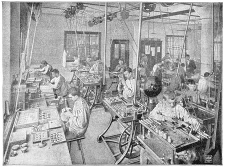 Lens polishing workshop, C. P. Goerz. Illustration of the 19th century. White background.