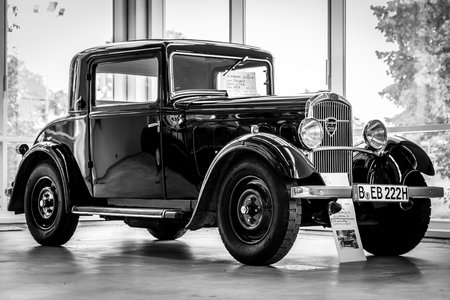 PAAREN IM GLIEN, GERMANY - OCTOBER 03, 2020: Vintage car Peugeot 201 BC, 1933. Black and white. Die Oldtimer Show 2020.のeditorial素材
