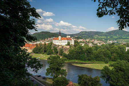 View on the Tetschen Castle and Elbe river (Labe). Decin. Czech Republic.のeditorial素材