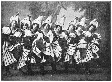 The popular dance troupe - Tiller Girls, 1899, London. Illustration of the 19th century. White...