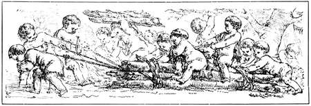 Children (angels) for various activities, chapter separator in a book. Illustration of the 19th century. White background.の写真素材