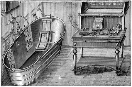 Electric bath (electrotherapy). Illustration of the 19th century. Germany. White background.の写真素材