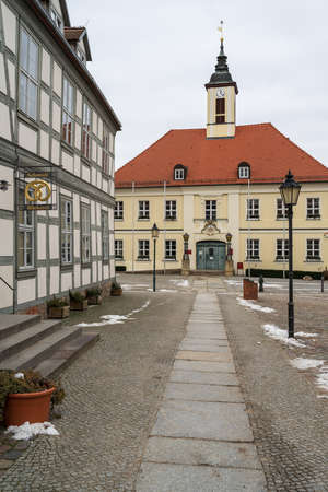 ANGERMUENDE, GERMANY - FEBRUAR 06, 2021: Market Square in the center of an old medieval town (founded in 1254) in the district of Uckermark in the state of Brandenburg.のeditorial素材