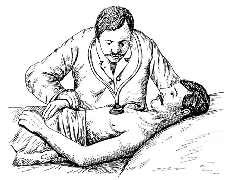 Examination or auscultation of the heart. Illustration of the 19th century. Germany. White background.の写真素材