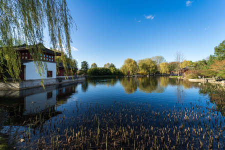 Chinese pagoda near the lake. Spring landscape.の写真素材