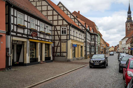 TANGERMUENDE, GERMANY - APRIL 24, 2021: Old street of a historic town of Tangermuende. Saxony-Anhalt stateのeditorial素材