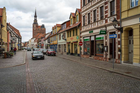 TANGERMUENDE, GERMANY - APRIL 24, 2021: Old street of a historic town of Tangermuende. Saxony-Anhalt stateのeditorial素材