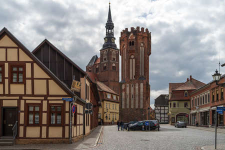 TANGERMUENDE, GERMANY - APRIL 24, 2021: Owl Tower and St. Stephen's Church in a historic town of Tangermuende. Saxony-Anhalt state.のeditorial素材