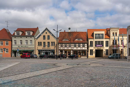 STENDAL, GERMANY - APRIL 24, 2021: Houses and buildings on the streets in the old town. Hansestadt Stendal is a medieval town in Saxony-Anhalt state.のeditorial素材