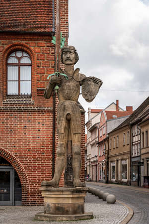 STENDAL, GERMANY - APRIL 24, 2021: The Roland statue in front of the Town Hall. Hansestadt Stendal is a medieval town in Saxony-Anhalt state.のeditorial素材