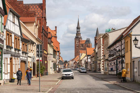 TANGERMUENDE, GERMANY - APRIL 24, 2021: Old street of a historic town of Tangermuende. Saxony-Anhalt stateのeditorial素材