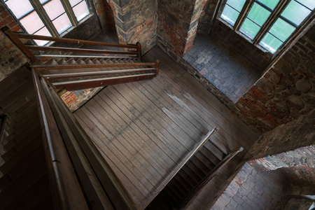 JUETERBOG, GERMANY - MAY 23, 2021: Belltower's interior of medieval St. Nikolai church. Juterbog is a historic town in north-eastern Germany, in the district of Brandenburg.のeditorial素材