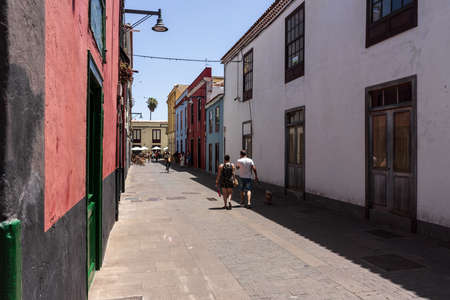 SAN CRISTOBAL DE LA LAGUNA, CANARY ISLANDS, TENERIFE - JULY 03, 2021: Street in the historic city center. The city was the ancient capital of the Canary Islands.のeditorial素材