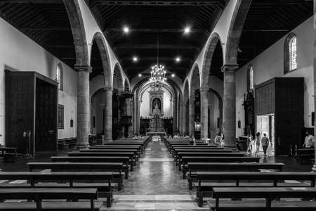 SAN CRISTOBAL DE LA LAGUNA, CANARY ISLANDS, TENERIFE - JULY 03, 2021: Interior of Church of the Immaculate Conception. Black and white.のeditorial素材