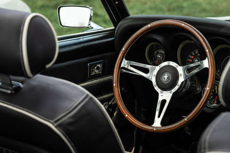 DIEDERSDORF, GERMANY - AUGUST 21, 2021: The interior of sports car Ford Mustang, 1969. The...