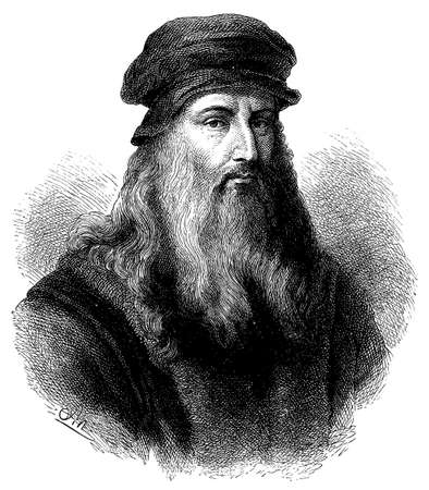 Portrait of Leonardo da Vinci - an Italian polymath of the High Renaissance. Illustration of the 19th century. Germany. White background.のeditorial素材