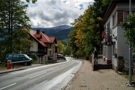 KARPACZ, POLAND - OCTOBER 11, 2021: One of the streets in a spa town and ski resort in Jelenia Gora County, Lower Silesian Voivodeship, south-western Poland.のeditorial素材