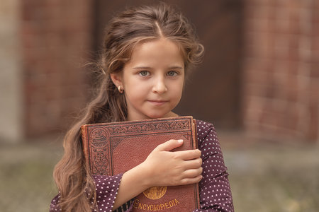 Portrait of a beautiful little girl with an old encyclopedia in her hands in the courtyard of the...